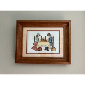 1970s VTG Fall Pilgrim Thanksgiving Cross-Stitch Needlepoint Framed Art Piece